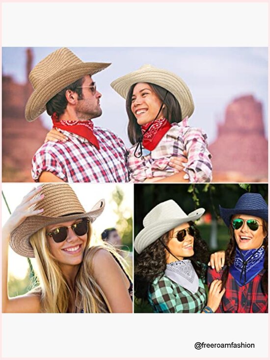 12 Straw Cowboy Hats & Bandanas Set - Western Party Costume Hats with Scarves main image 5